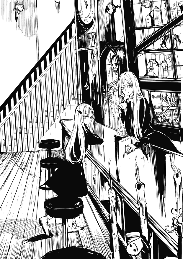 ton (pixiv37657), original, bad id, bad pixiv id, 2girls, bar (place), bartender, block (object), candle, counter, dress, greyscale, indoors, long hair, monochrome, multiple girls, skeleton, stairs, wooden floor