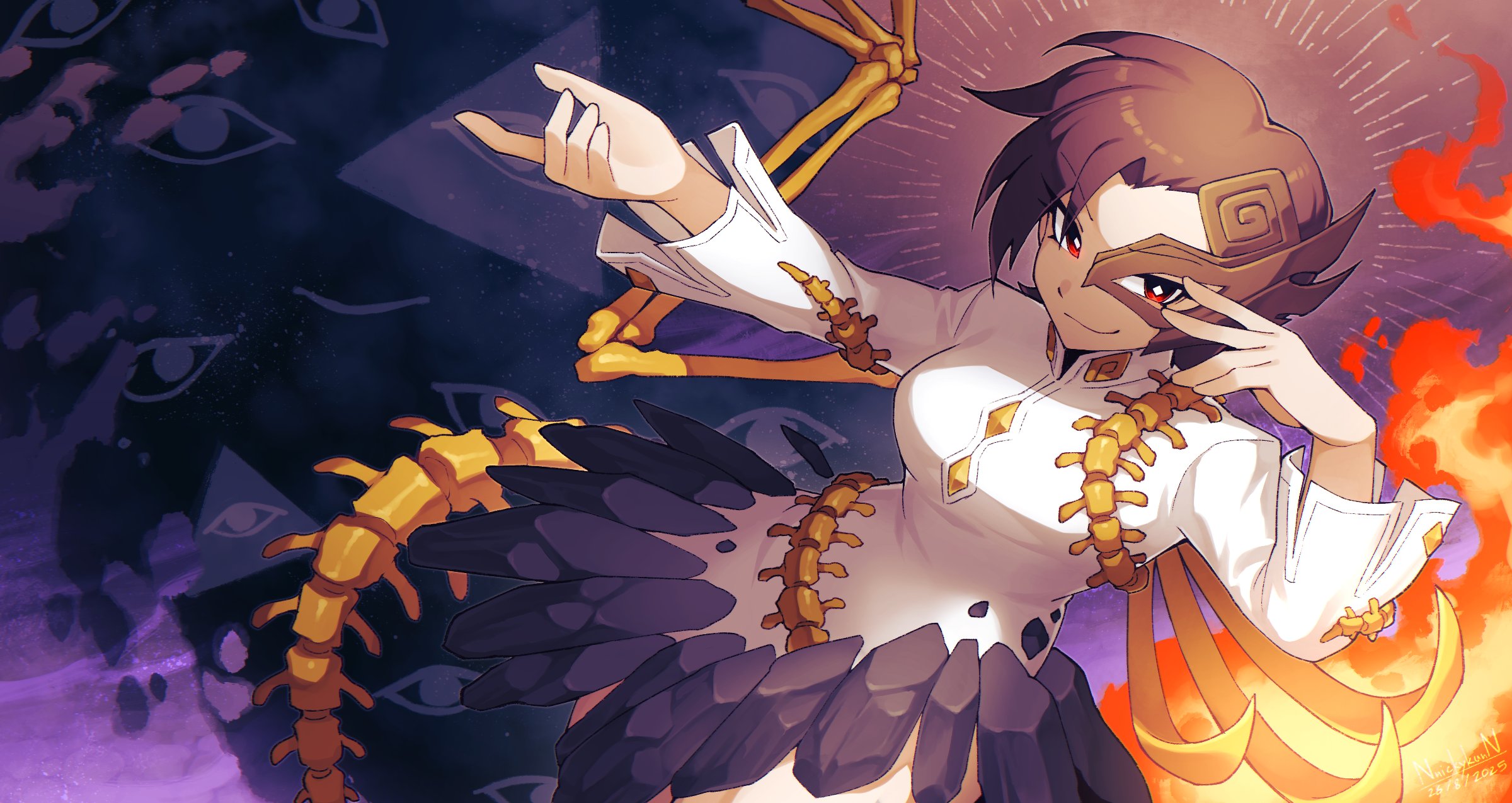 nnickykunn, iwanaga ariya, fossilized wonders, touhou, commentary, english commentary, highres, 1girl, bone, brown hair, dated, fiery wings, grin, looking at viewer, mask, red eyes, shirt, short hair, signature, smile, solo, spine, white shirt, wings