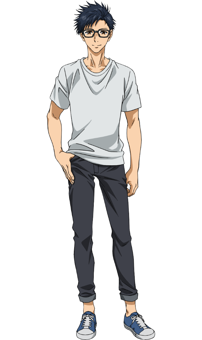 nakatake manabu, ao ashi, official art, 1boy, anime coloring, aoi shun, black-framed eyewear, black hair, black pants, blue shoes, closed mouth, collarbone, full body, glasses, hand in pocket, looking at viewer, pants, pants rolled up, shirt, shoes, short hair, simple background, smile, solo, spiked hair, standing, t-shirt, transparent background, white shirt