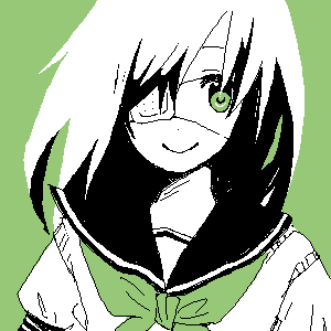 akira tsuta, bad id, bad pixiv id, lowres, 1girl, eyepatch, female focus, green background, green theme, monochrome, oekaki, school uniform, serafuku, smile, solo, spot color