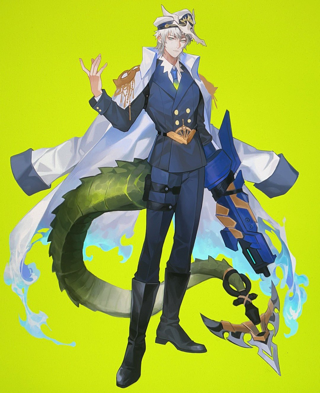 powerlesssong, original, highres, 1boy, arm cannon, blue jacket, blue pants, boots, closed mouth, coat, coat on shoulders, crocodilian tail, full body, gradient necktie, jacket, long sleeves, looking at viewer, male focus, necktie, pants, simple background, solo, standing, tail, weapon, white coat, yellow background
