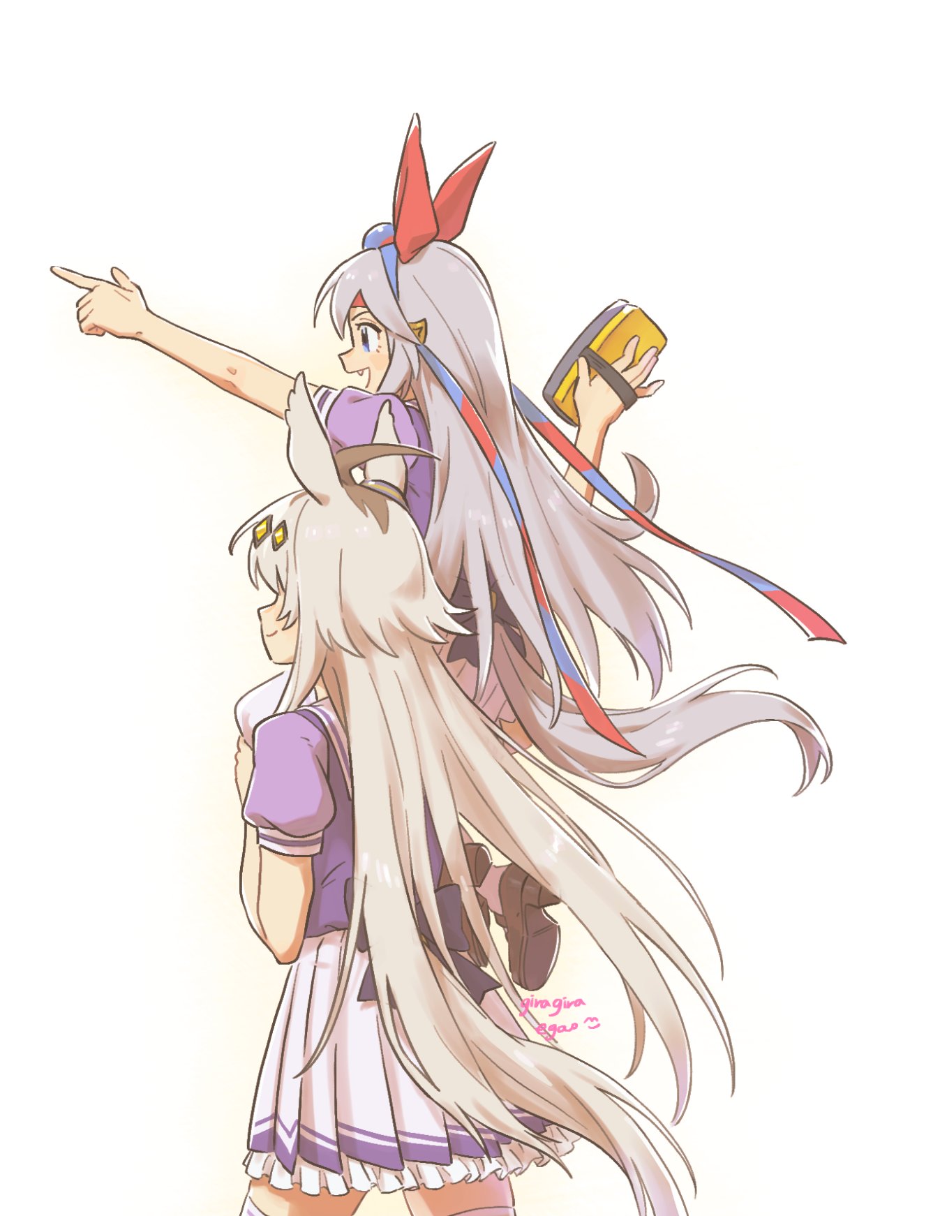 oguri cap (umamusume), tamamo cross (umamusume), umamusume, umamusume: cinderella gray, highres, 2girls, ahoge, animal ears, blue eyes, blue hairband, blush, board eraser, brown hair, closed mouth, ear covers, ear ornament, fang, giragira egao, grey hair, grey tail, hair between eyes, hair ornament, hairband, headband, holding, horse ears, horse girl, horse tail, long hair, multicolored hair, multiple girls, open mouth, puffy short sleeves, puffy sleeves, purple serafuku, purple shirt, red headband, sailor collar, sailor shirt, school uniform, serafuku, shirt, short sleeves, simple background, sitting on shoulder, skirt, smile, striped clothes, striped hairband, tail, tracen school uniform, very long hair, white background, white sailor collar, white skirt