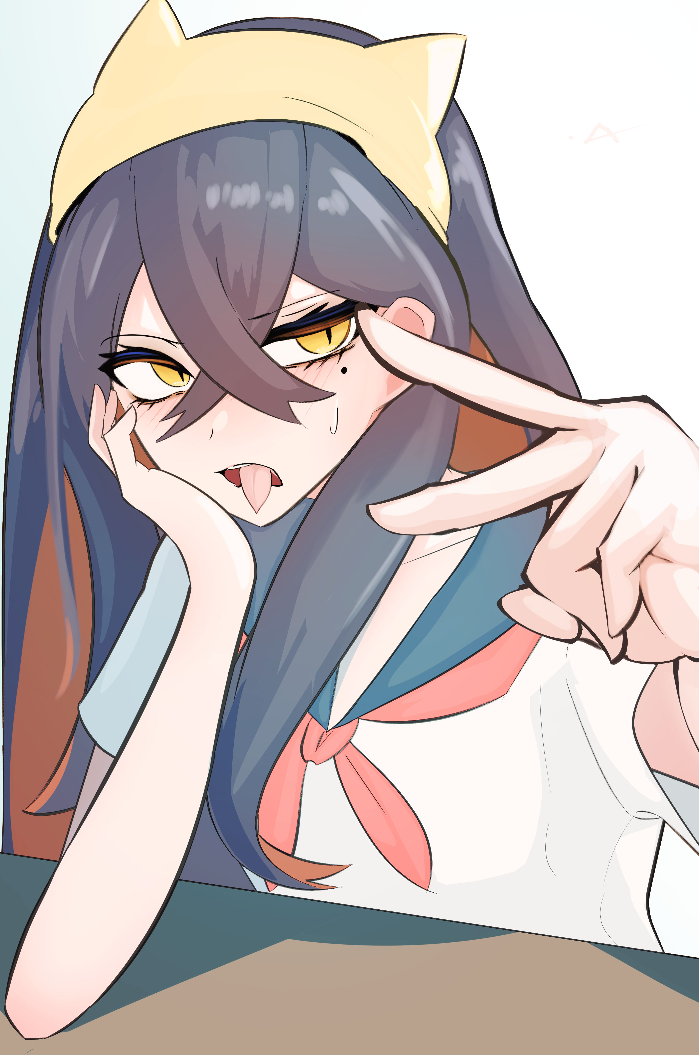 minmin731 ing, carmine (pokemon), nintendo, pokemon, pokemon sv, absurdres, commentary request, highres, 1girl, alternate costume, black hair, blue sailor collar, colored inner hair, crossed bangs, elbow on table, hair between eyes, hairband, head on hand, long hair, looking at viewer, mole, mole under eye, multicolored hair, neckerchief, open mouth, red hair, red neckerchief, sailor collar, school uniform, shirt, short sleeves, solo, sweatdrop, tongue, tongue out, two-tone hair, upper body, v, white background, white shirt, yellow eyes, yellow hairband
