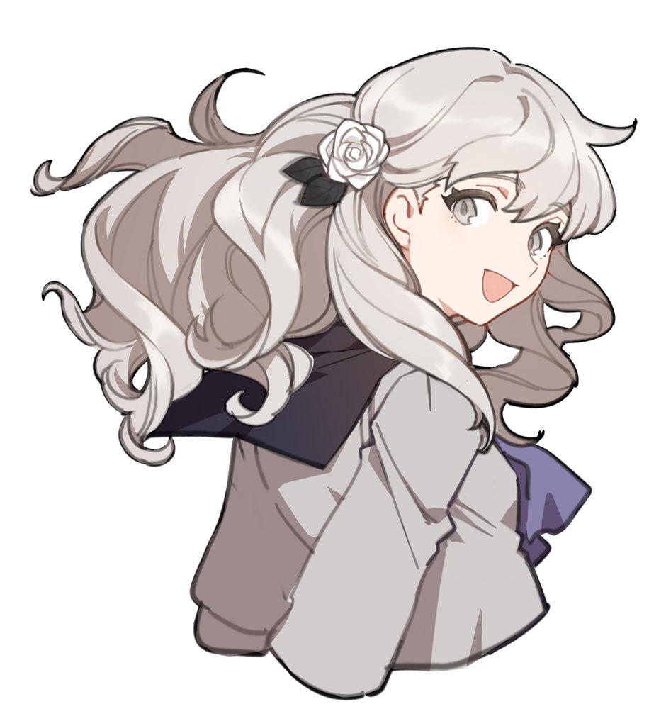 jionghai, fuyusaka iori, juusan kihei bouei ken, 1girl, black sailor collar, flower, grey eyes, grey hair, grey shirt, hair flower, hair ornament, long sleeves, medium hair, rose, sailor collar, school uniform, serafuku, shirt, simple background, smile, solo, white background, white flower, white rose