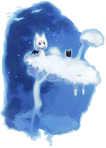 sakana45, bad id, bad pixiv id, animal ears, bat wings, cat ears, night, solo, tree, wings