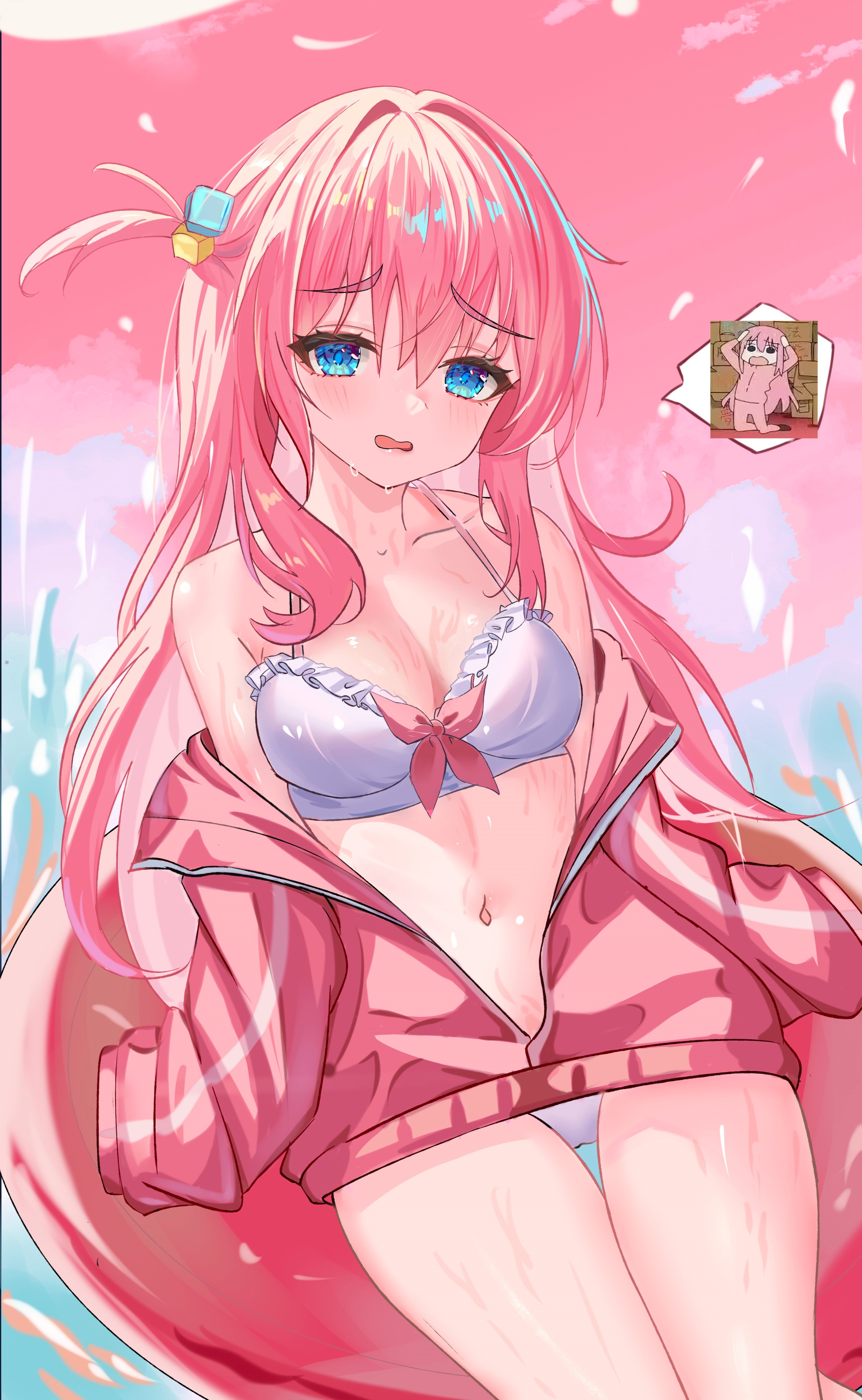 hxk8732, gotoh hitori, bocchi the rock!, absurdres, commentary, highres, 1girl, bikini, blue eyes, bow, bow bikini, breasts, choppy bangs, cleavage, collarbone, cowboy shot, cube hair ornament, embarrassed, frilled bikini, frills, hair between eyes, hair intakes, hair ornament, jacket, large breasts, long bangs, long hair, long sleeves, looking at viewer, navel, no pants, off shoulder, on innertube, one side up, open mouth, pink hair, pink jacket, raised inner eyebrows, sleeves past fingers, sleeves past wrists, solo, spoken character, stomach, straight hair, sweat, swimsuit, track jacket, wavy mouth, white bikini