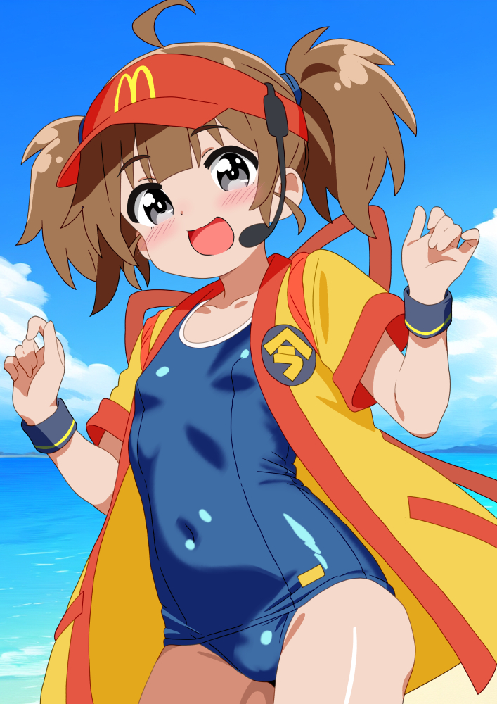 mizusaki johnko, imadake dabuchi tabemi, mcdonald's, 1girl, ahoge, black eyes, blue one-piece swimsuit, blue sky, brown hair, cloud, cloudy sky, covered navel, cowboy shot, day, hat, headset, horizon, looking at viewer, ocean, old school swimsuit, one-piece swimsuit, open mouth, outdoors, red hat, school swimsuit, short hair, sky, smile, solo, standing, swimsuit, tasuki, twintails, visor cap, w arms, wrist cuffs, yellow happi