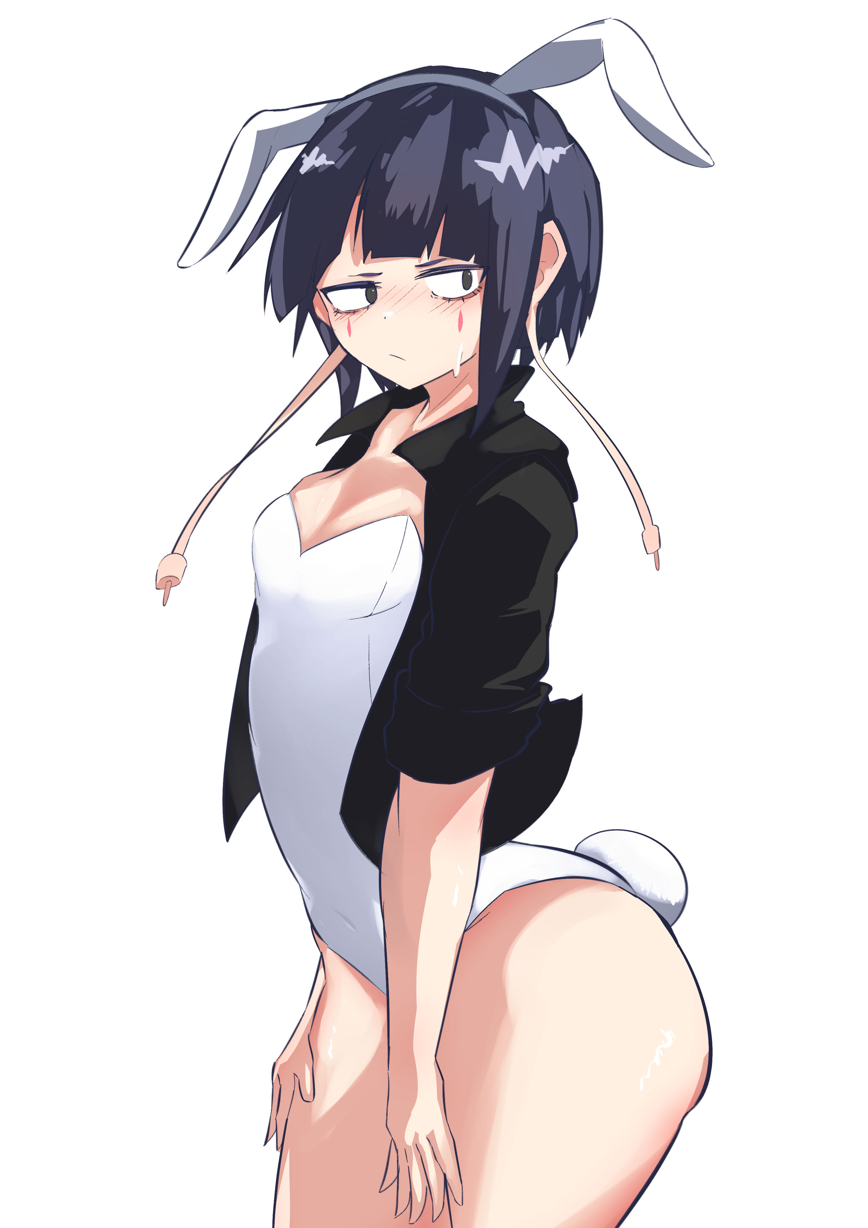 minmin731 ing, jiro kyoka, boku no hero academia, absurdres, highres, 1girl, alternate costume, animal ear hairband, animal ears, black eyes, black jacket, breasts, closed mouth, cowboy shot, facial mark, fake animal ears, fake tail, hairband, jacket, leotard, looking at viewer, open clothes, open jacket, playboy bunny, rabbit ear hairband, rabbit ears, rabbit girl, short hair, small breasts, solo, sweatdrop, tail, white background, white hairband, white leotard