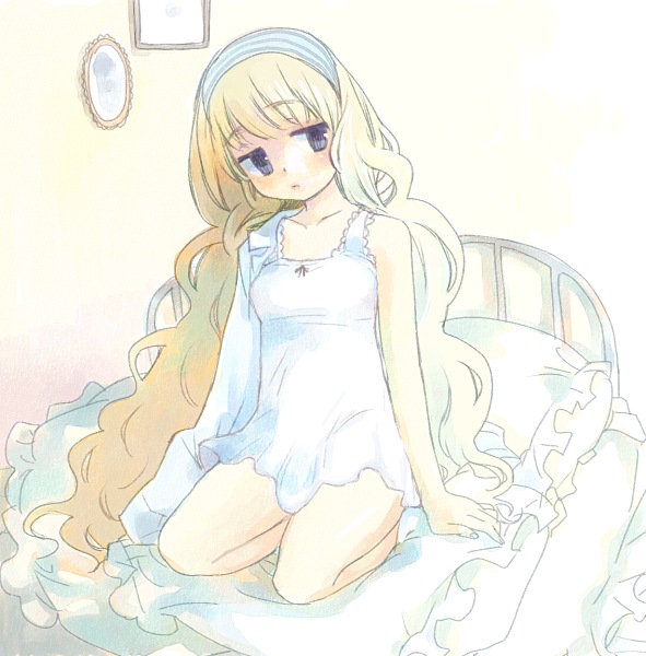 sakana45, bad id, bad pixiv id, bed, blonde hair, blue eyes, chemise, hairband, long hair, mirror, pillow, solo