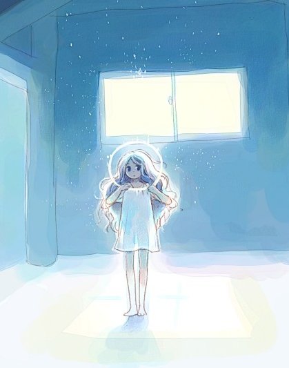 sakana45, original, bad id, bad pixiv id, 1girl, barefoot, blue theme, dress, female focus, indoors, long hair, night, see-through clothes, snowing, solo, standing, swept bangs, wavy hair, window