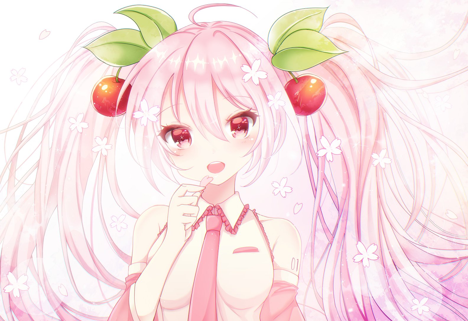 terimuku, hatsune miku, sakura miku, vocaloid, commentary request, 1girl, :d, breasts, cherry hair ornament, collared shirt, detached sleeves, flower, food-themed hair ornament, frilled shirt collar, frills, gradient background, hair flower, hair ornament, holding, long hair, long sleeves, looking at viewer, medium breasts, miku day, necktie, open mouth, petals, pink background, pink hair, pink necktie, pink sleeves, red eyes, shirt, sleeveless, sleeveless shirt, smile, solo, twintails, upper body, very long hair, white background, white flower, white shirt, wide sleeves