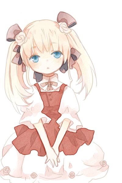 sakana45, bad id, bad pixiv id, blonde hair, blue eyes, dress, flower, ribbon, sleepy, solo, twintails