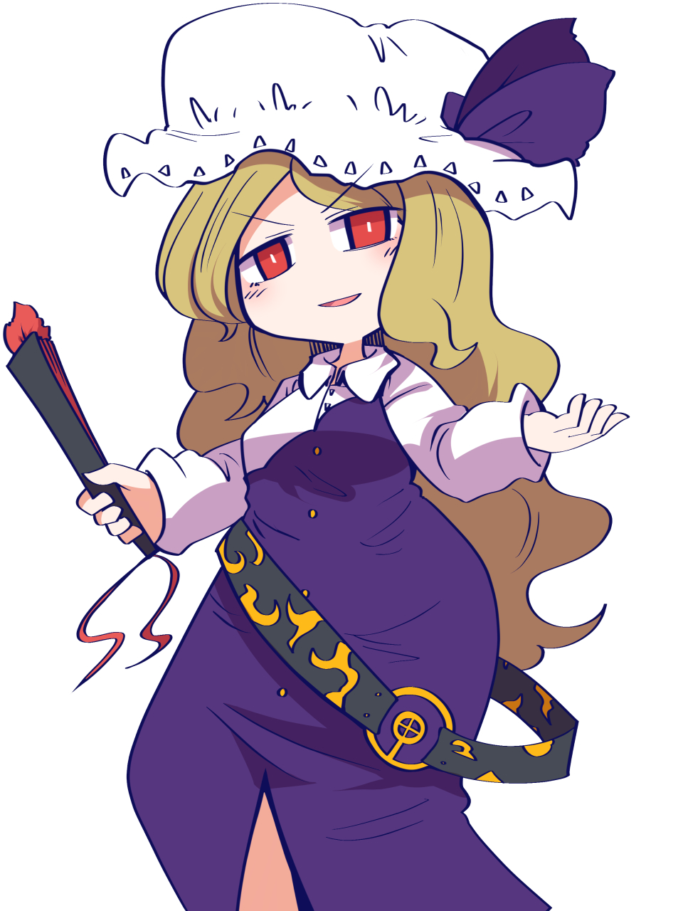 chahan (fried rice0614), watatsuki no toyohime, touhou, commentary, highres, 1girl, belt, blonde hair, dress, hand fan, hat, holding, holding fan, long hair, looking at viewer, mob cap, parted lips, purple dress, red eyes, simple background, solo, v-shaped eyebrows, white background, white hat