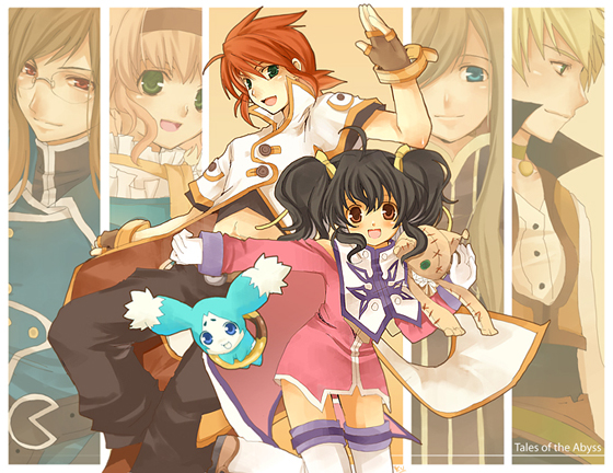 kurot, anise tatlin, guy cecil, jade curtiss, luke fon fabre, mieu (tales), natalia luzu kimlasca lanvaldear, tear grants, tokunaga (tales), tales of (series), tales of the abyss, bad id, bad pixiv id, 00s, 3boys, 3girls, ascot, black hair, copyright name, gloves, multiple boys, multiple girls, orange ascot, red hair, ribbon, thighhighs, twintails