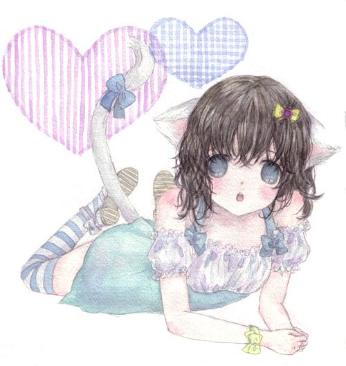 yana kotta, striped, animal ears, blue eyes, blush, cat ears, cat tail, dress, heart, ribbon, solo, tail, thighhighs