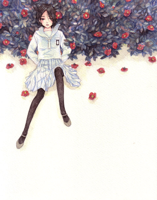 yana kotta, original, 1girl, black hair, black pantyhose, camellia, female focus, flower, lying, pantyhose, pleated skirt, school uniform, serafuku, skirt, solo, white skirt