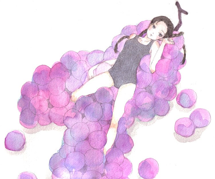 yana kotta, braid, brown eyes, brown hair, food, fruit, grapes, long hair, lying, one-piece swimsuit, short twintails, solo, swimsuit, twin braids, twintails