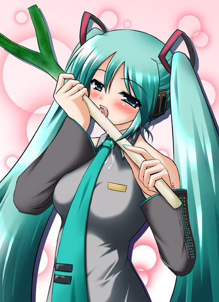 hatsune miku, vocaloid, aqua hair, grey eyes, licking, long hair, solo, spring onion, twintails, very long hair