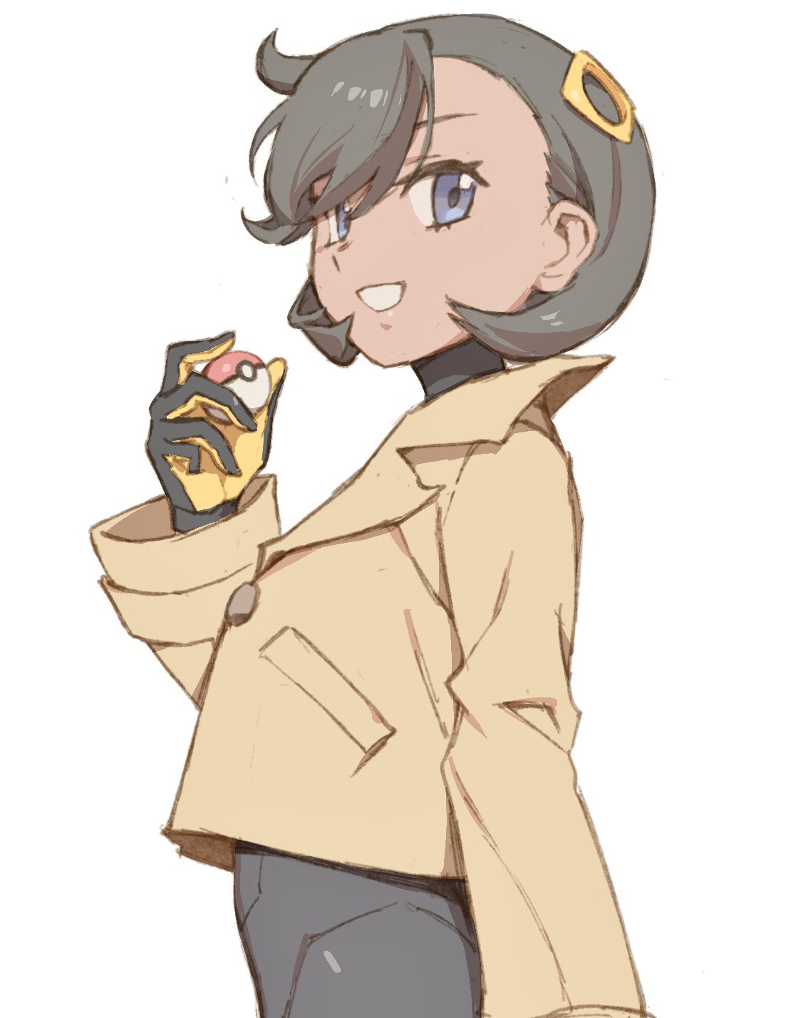 tugo, emma (pokemon), nintendo, pokemon, pokemon legends: z-a, highres, 1girl, :d, black bodysuit, black hair, bodysuit, bodysuit under clothes, brown jacket, dark-skinned female, dark skin, from side, gloves, holding, holding poke ball, jacket, long sleeves, looking at viewer, open mouth, poke ball, poke ball (basic), purple eyes, short hair, smile, solo, white background
