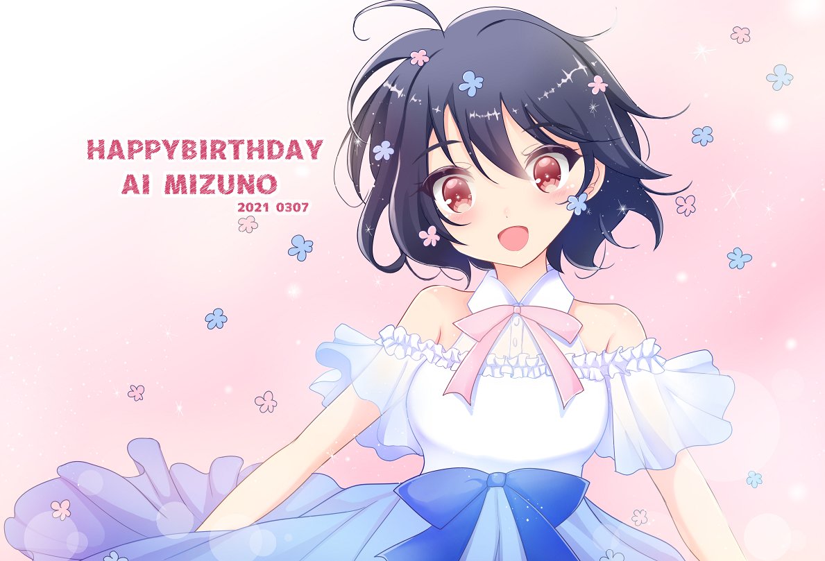 terimuku, mizuno ai, zombie land saga, commentary request, 1girl, :d, bare shoulders, black hair, blue bow, blue dress, blue flower, blush, bow, breasts, brown eyes, character name, collared shirt, dated, dress, dress shirt, flower, gradient background, gradient clothes, gradient dress, hair between eyes, hair flower, hair ornament, happy birthday, off-shoulder dress, off shoulder, open mouth, pink background, pink flower, shirt, sleeveless, sleeveless shirt, small breasts, smile, solo, white background, white dress, white shirt