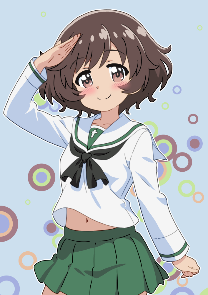 mizusaki johnko, akiyama yukari, girls und panzer, commentary, 1girl, black neckerchief, blouse, blue background, brown eyes, brown hair, closed mouth, cowboy shot, green skirt, long sleeves, looking at viewer, messy hair, midriff peek, miniskirt, navel, neckerchief, ooarai school uniform, outline, pleated skirt, sailor collar, school uniform, serafuku, shirt, short hair, skirt, smile, solo, standing, white outline, white sailor collar, white shirt
