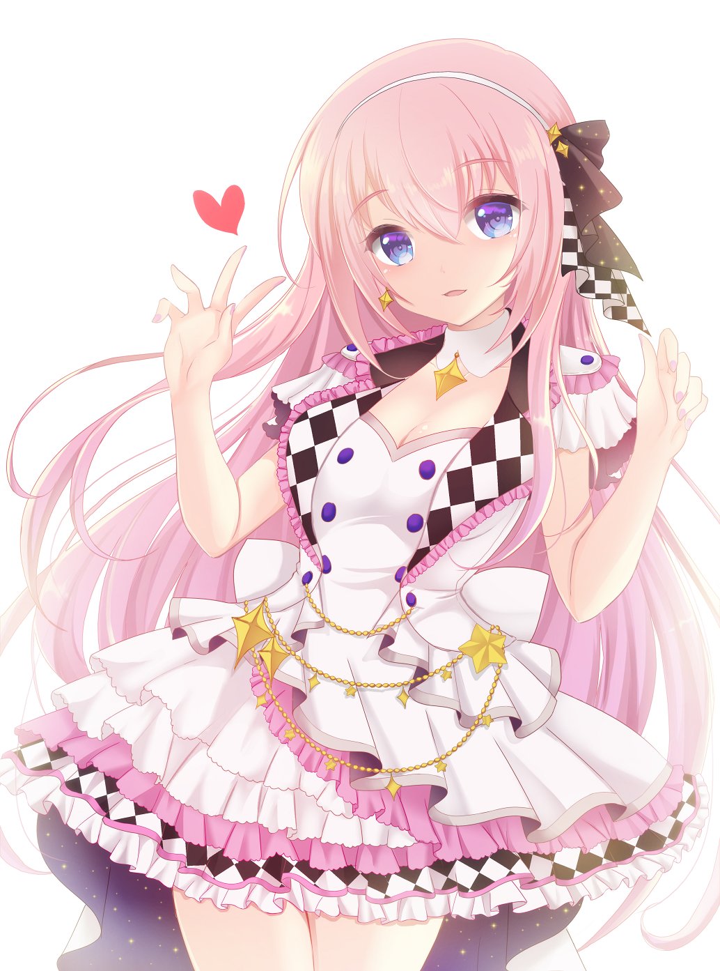 terimuku, megurine luka, more more jump! luka, project sekai, vocaloid, commentary request, highres, 1girl, breasts, cleavage, dress, epaulettes, frilled dress, frills, hair between eyes, hairband, hands up, heart, jacket, looking at viewer, medium breasts, parted lips, pink hair, purple eyes, simple background, sleeveless, sleeveless jacket, solo, white background, white dress, white hairband, white jacket