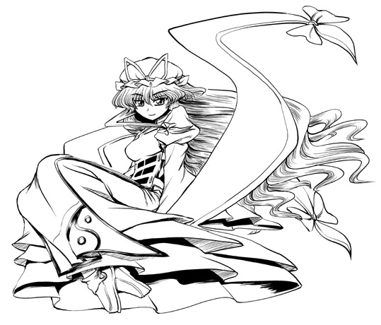 miyamoto ryuuchii, miyamoto ryuuichi, yakumo yukari, touhou, 1girl, bow, female focus, greyscale, hair bow, hat, long hair, looking at viewer, monochrome, sitting, smile, solo