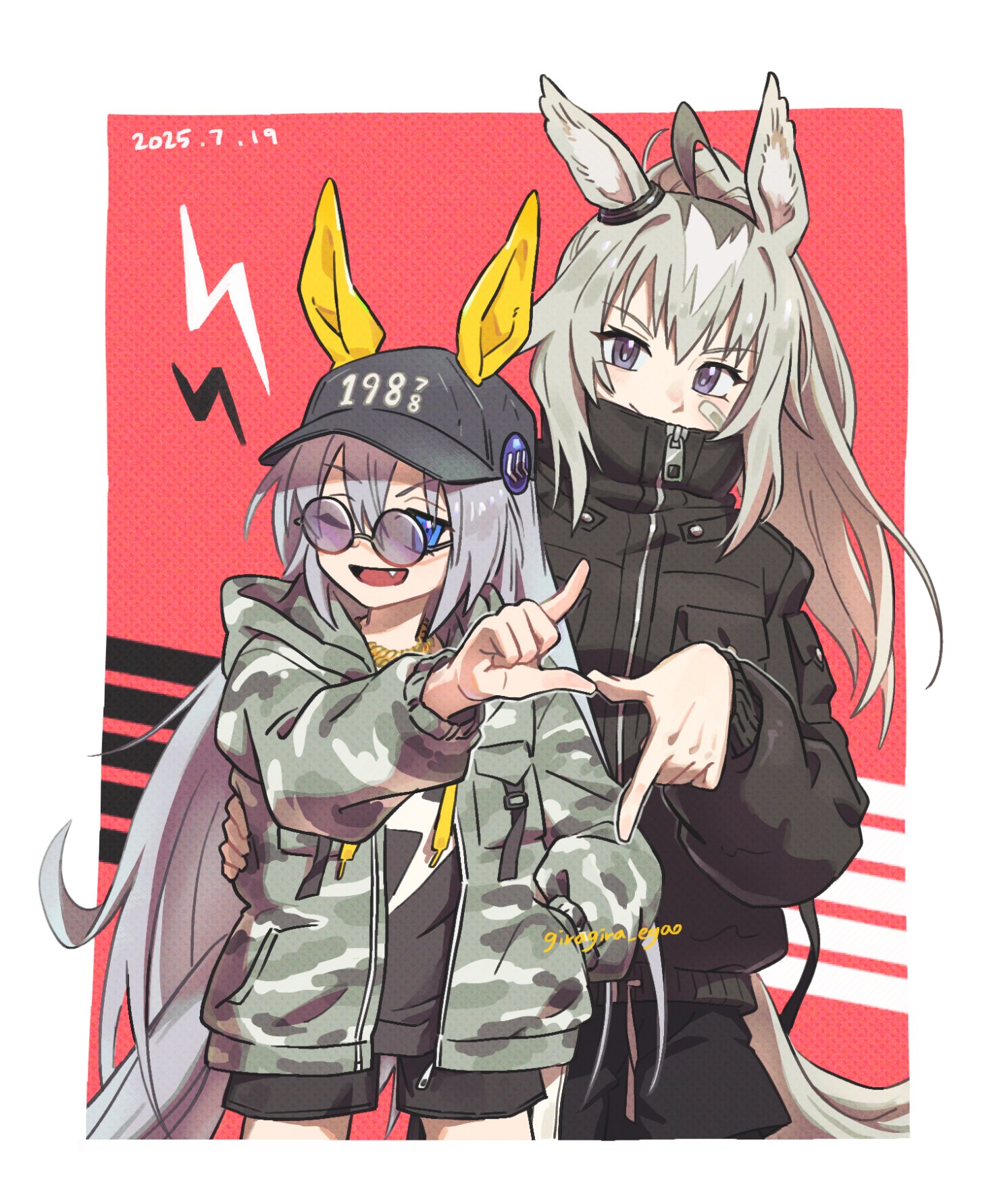 oguri cap (umamusume), tamamo cross (umamusume), umamusume, umamusume: cinderella gray, highres, 2girls, ahoge, animal ears, bandaid, bandaid on face, black hat, black jacket, black shirt, black shorts, blue eyes, brown hair, camouflage, camouflage jacket, closed mouth, ear ornament, ears through headwear, fang, giragira egao, grey hair, hair between eyes, hat, horse ears, horse girl, horse tail, jacket, lightning bolt symbol, long hair, long sleeves, multicolored hair, multiple girls, one eye closed, open clothes, open jacket, open mouth, popped collar, shirt, shorts, smile, sunglasses, tail, very long hair