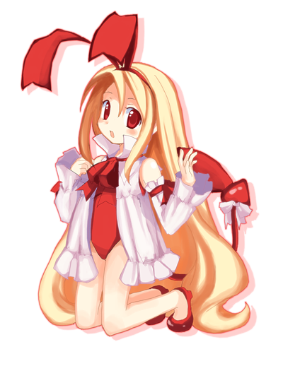 kurot, flonne, flonne (fallen angel), disgaea, makai senki disgaea, bad id, bad pixiv id, 00s, 1girl, animal ears, blonde hair, blush, bow, demon tail, demon wings, detached sleeves, fallen angel, female focus, flat chest, leotard, loli, long hair, rabbit ears, red eyes, red leotard, ribbon, solo, tail, tail bow, tail ornament, wings