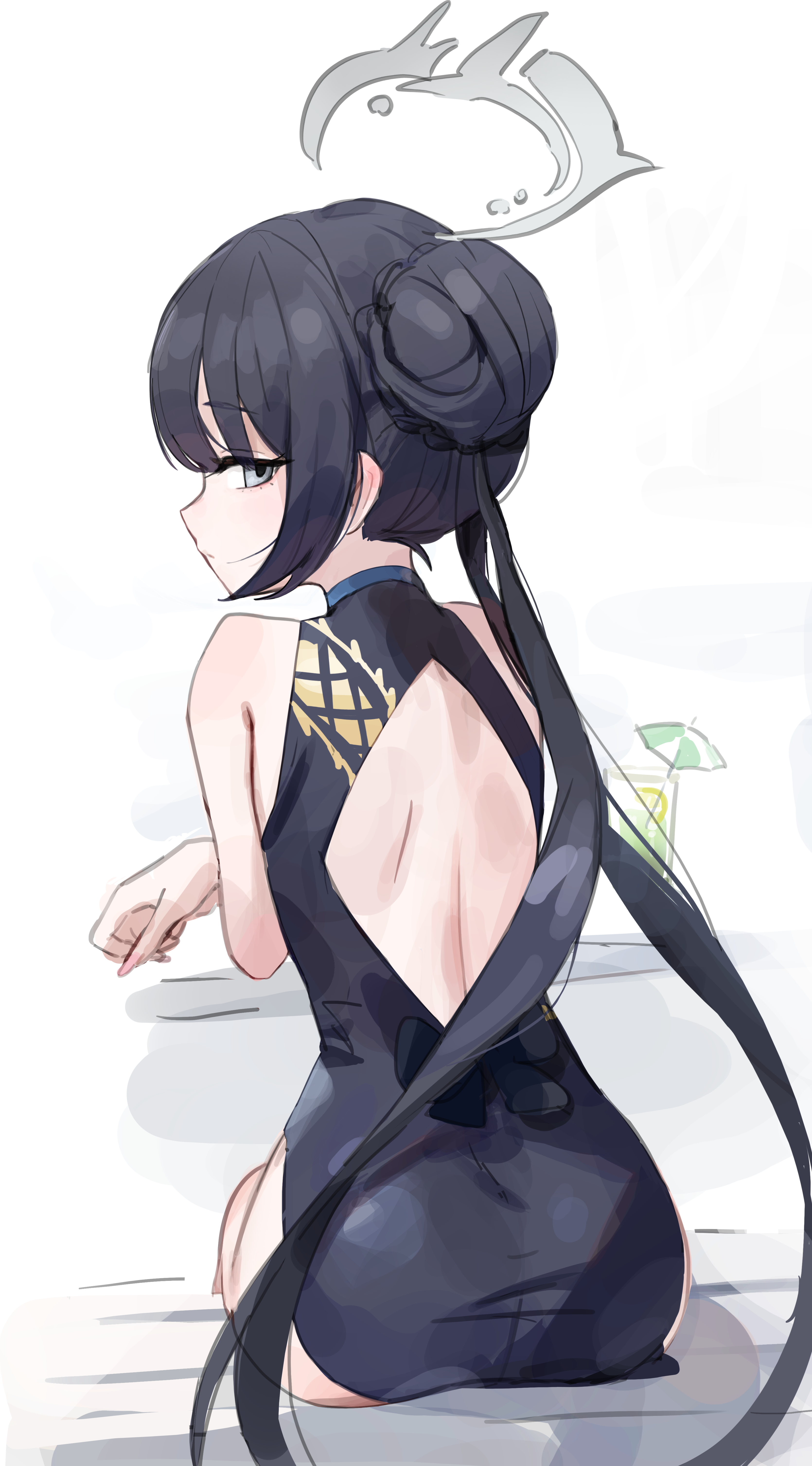 rang go, kisaki (blue archive), blue archive, absurdres, highres, 1girl, ass, back, back cutout, backless dress, backless outfit, bare back, bare legs, bare shoulders, bench, black bow, black dress, black hair, bow, braid, braided bun, china dress, chinese clothes, closed mouth, clothing cutout, cocktail umbrella, cup, diamond cutout, dragon print, dress, dress bow, drink, drinking glass, expressionless, feet out of frame, from behind, grey eyes, grey halo, hair bun, half-closed eyes, halo, loli, long hair, looking at viewer, looking back, median furrow, pink nails, print dress, profile, short dress, sidelocks, simple background, sitting, sleeveless, sleeveless dress, solo, turtleneck, turtleneck dress, twintails, very long hair, white background