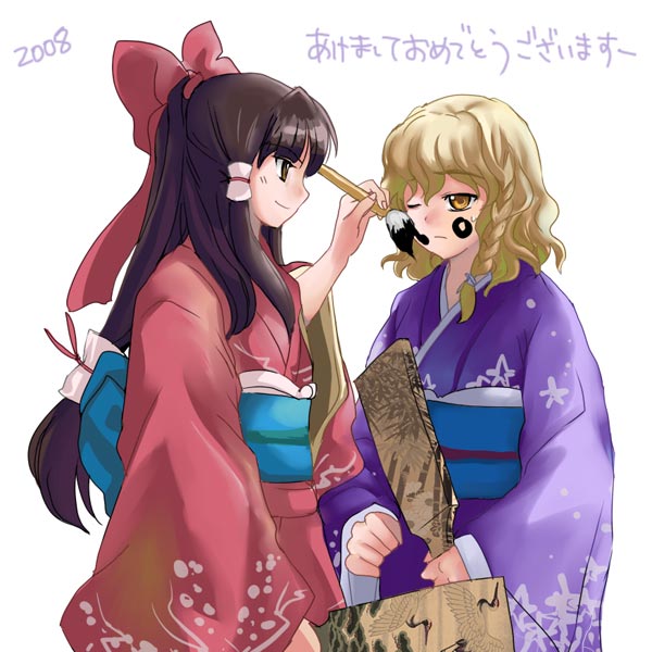 nanami sano, hakurei reimu, kirisame marisa, touhou, 00s, 2008, 2girls, akeome, blonde hair, female focus, hanetsuki, happy new year, japanese clothes, kimono, long hair, low-tied long hair, multiple girls, new year