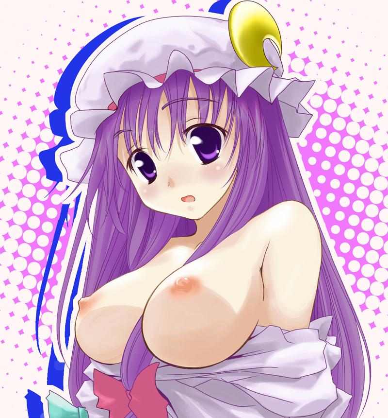 mahan (clock hearts), patchouli knowledge, touhou, duplicate, jpeg artifacts, 1girl, between breasts, bow, breasts, crescent, crescent moon, female focus, hair between breasts, halftone, halftone background, hat, large breasts, moon, nipples, off shoulder, pink bow, polka dot, polka dot background, purple eyes, purple hair, solo, surprised, upper body