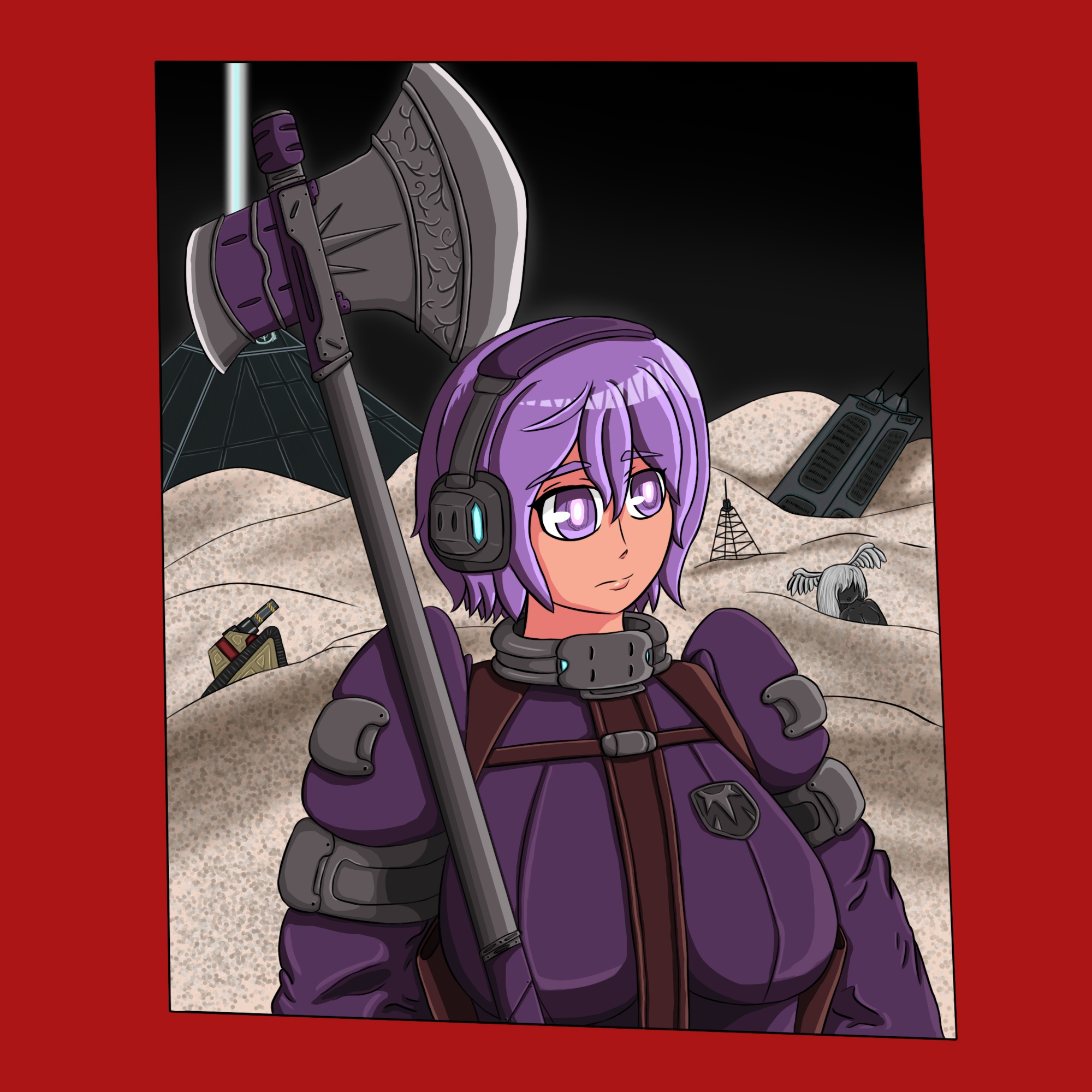 martyr (the citadel), beyond citadel, the citadel, axe, badge, beacon, collar, desert, headphones, holding, holding axe, leather, long sleeves, military vehicle, motor vehicle, portrait, purple eyes, purple shirt, pyramid (structure), shirt, short hair, tank