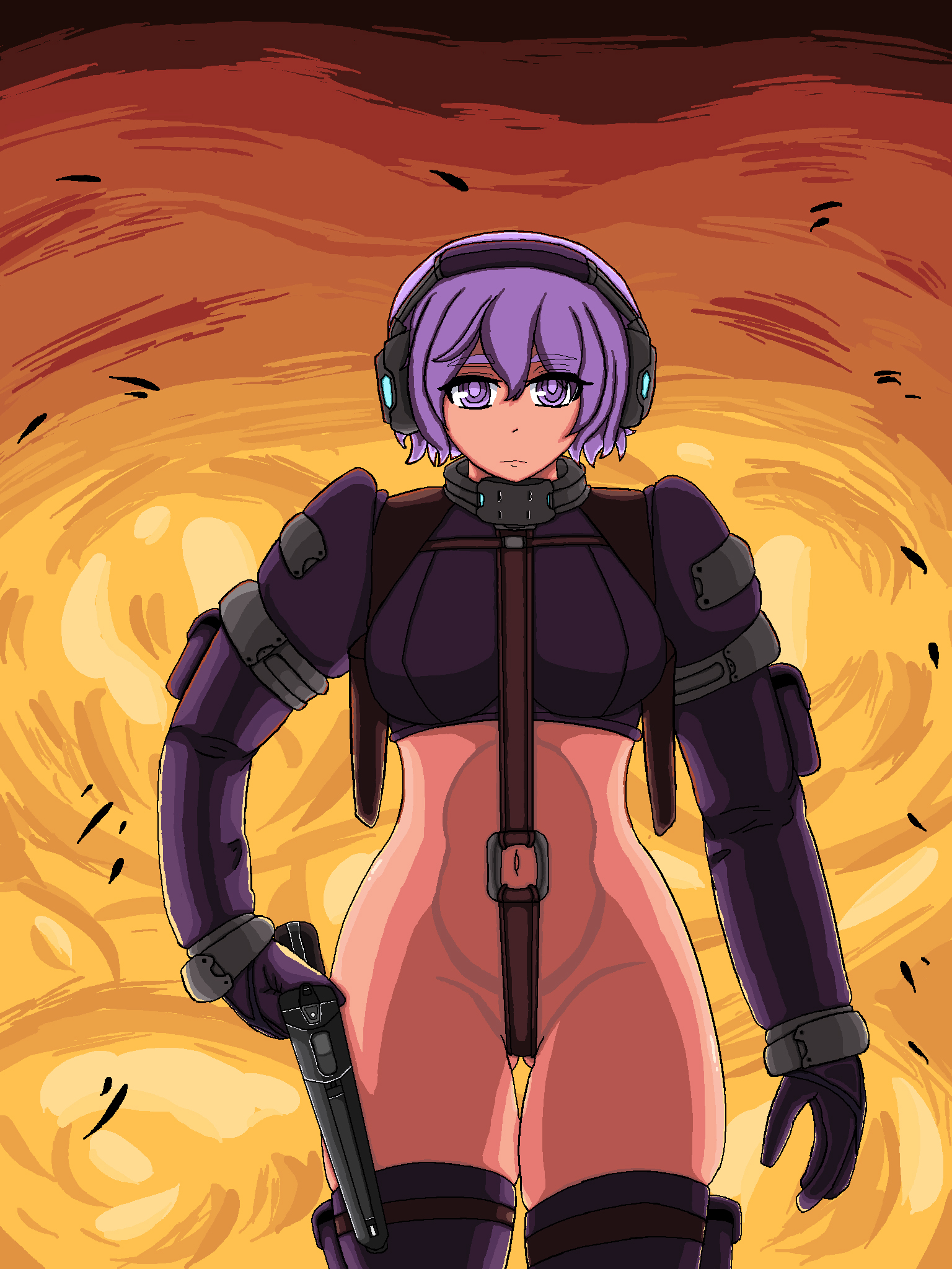 beyond citadel, the citadel, 1girl, ammunition pouch, crotch strap, explosion, gloves, gun, handgun, headset, long sleeves, pouch, purple eyes, purple gloves, purple hair, purple shirt, shirt, short hair, solo, weapon
