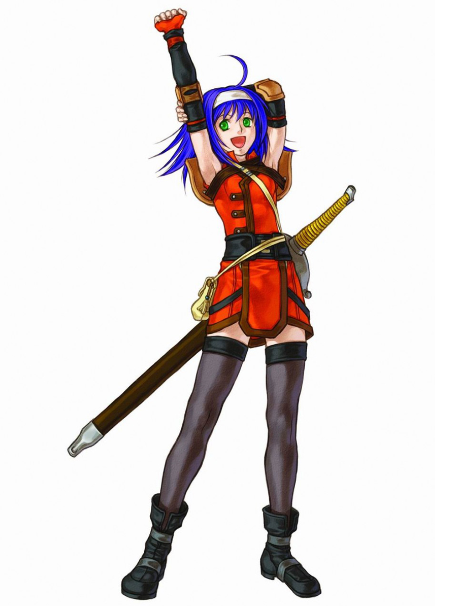 kita senri, mia (fire emblem), fire emblem, fire emblem: path of radiance, nintendo, highres, official art, 1girl, ahoge, blue hair, female focus, green eyes, simple background, solo, sword, thighhighs, weapon, white background, zettai ryouiki