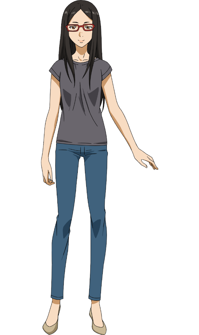 nakatake manabu, aoi noriko, ao ashi, official art, 1girl, anime coloring, black hair, blue pants, breasts, closed mouth, collarbone, denim, flats, full body, glasses, grey shirt, long hair, long sideburns, looking at viewer, medium breasts, pants, parted bangs, red-framed eyewear, shirt, shoes, short sleeves, sideburns, sidelocks, simple background, smile, solo, standing, t-shirt, transparent background, yellow shoes