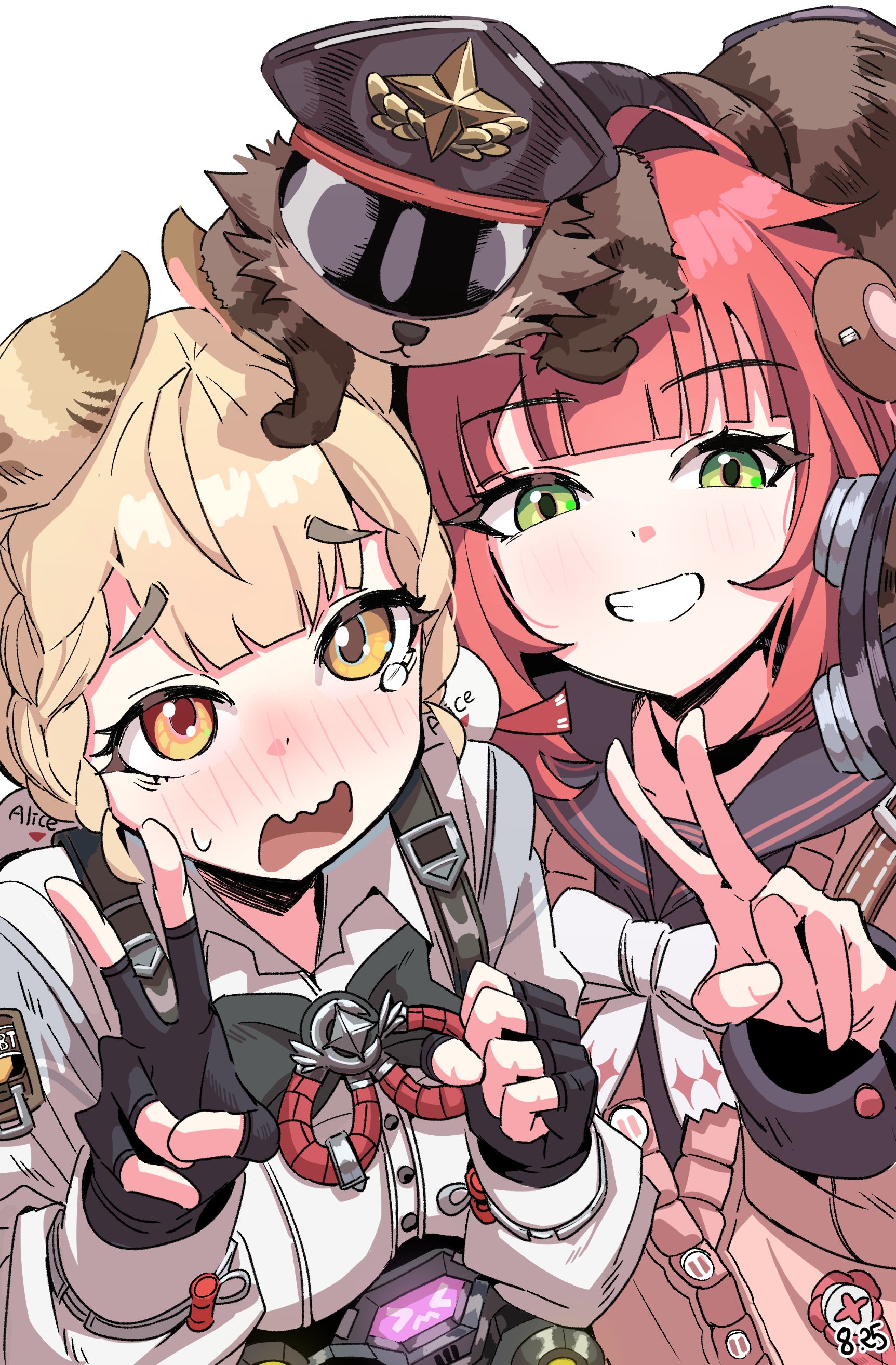 alice thymefield, ukinami yuzuha, zenless zone zero, absurdres, highres, 2girls, animal, animal ears, animal on head, black bow, black bowtie, black gloves, black hat, black sailor collar, blonde hair, blunt bangs, blush, bow, bowtie, braid, cardigan, collared shirt, fingerless gloves, gloves, green eyes, grin, hat, headphones, long sleeves, looking at viewer, multiple girls, nose blush, on head, open mouth, orange eyes, puffy long sleeves, puffy sleeves, red hair, sailor collar, shirt, short hair, simple background, smile, sparyedhamster, thick eyebrows, upper body, v, wavy mouth, white background, white bow, white shirt, yellow eyes