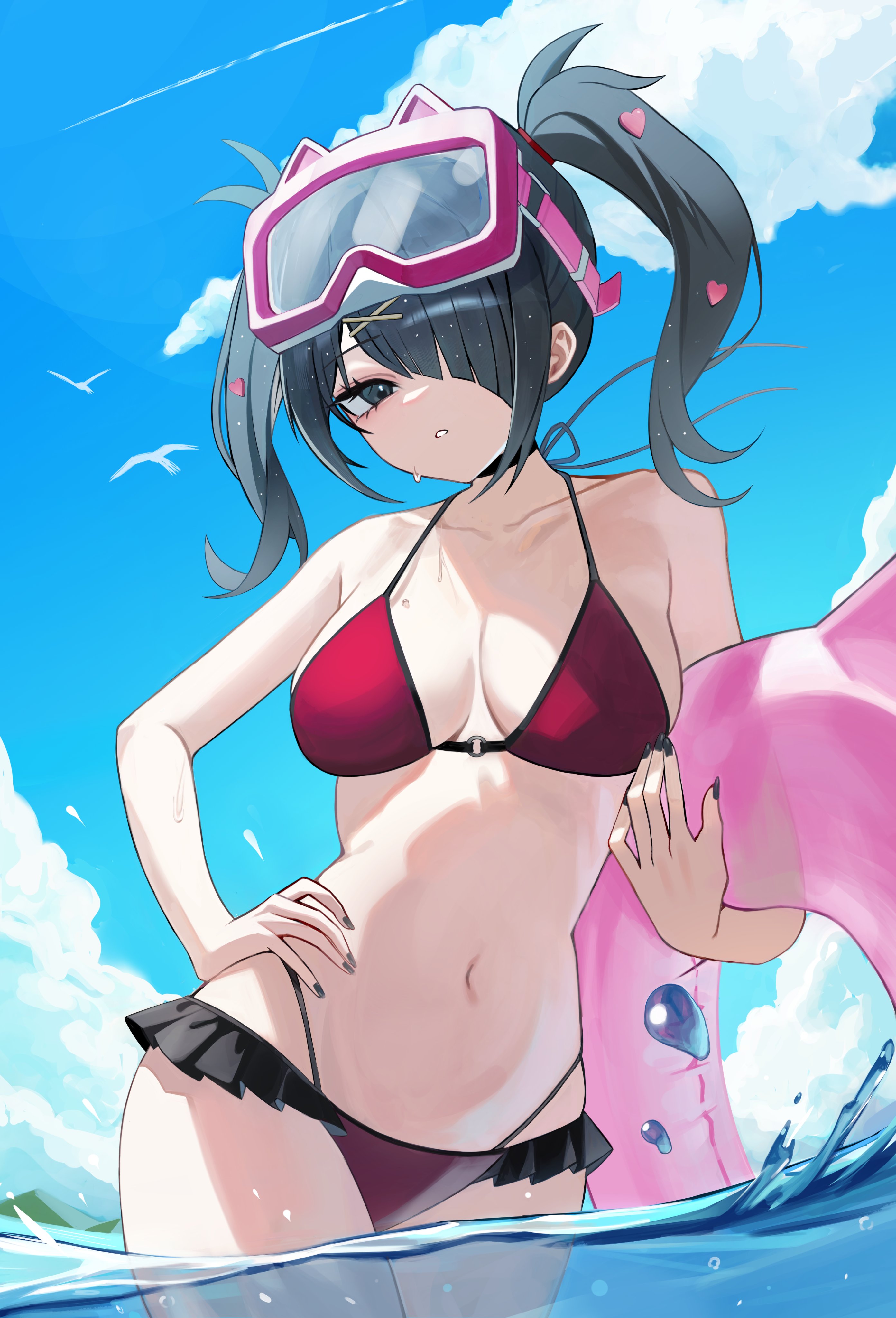 navy bean (water1402), ame-chan (needy girl overdose), needy girl overdose, absurdres, highres, 1girl, bikini, black eyes, black hair, black nails, blue sky, breasts, day, frilled bikini, frills, goggles, goggles on head, hair ornament, hair over one eye, heart, heart hair ornament, holding, holding swim ring, innertube, long hair, medium breasts, nail polish, navel, outdoors, red bikini, sky, solo, swim goggles, swim ring, swimsuit, twintails, water