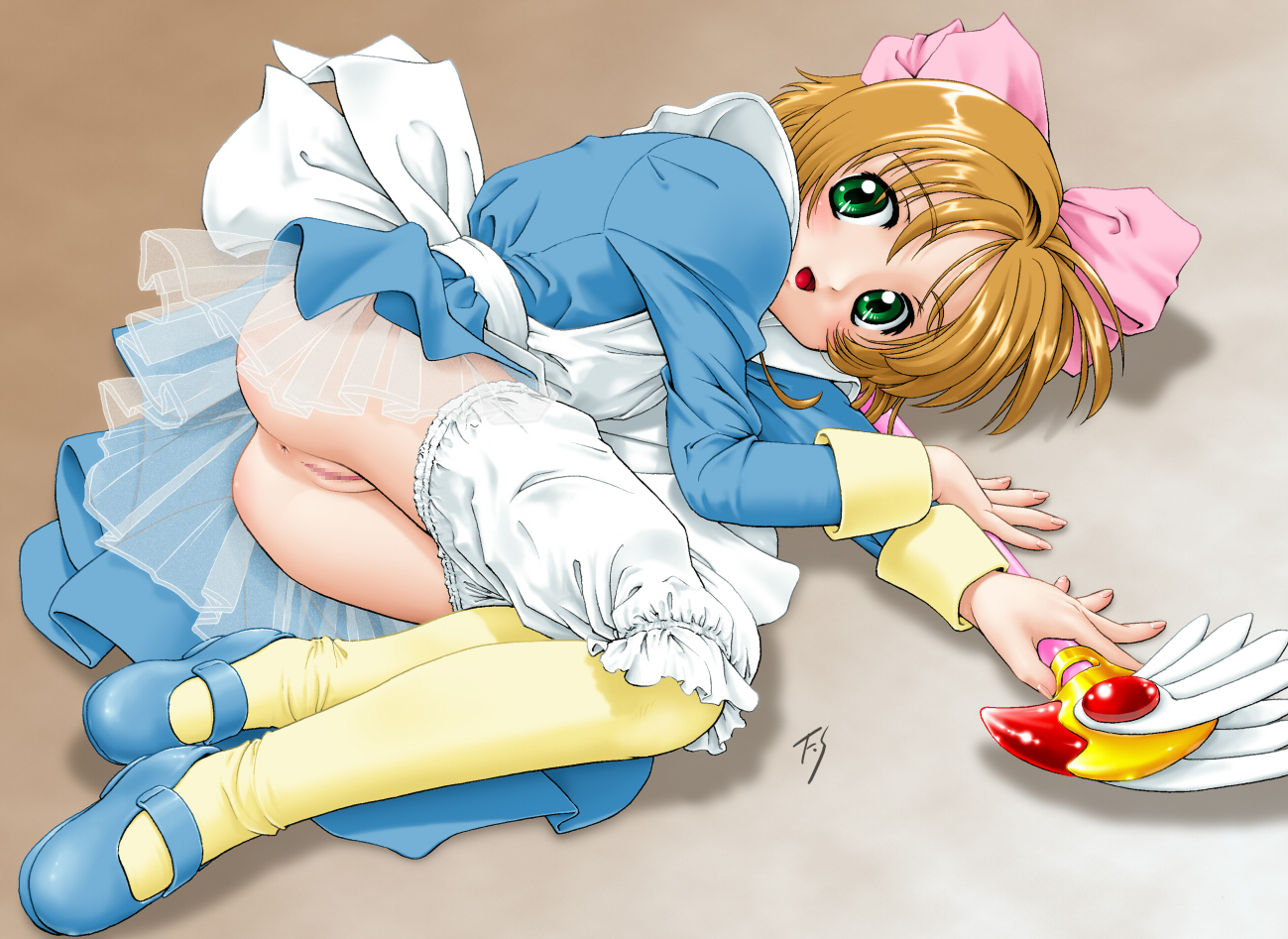 fuji shinobu, kinomoto sakura, kinomoto sakura (princess dreams), cardcaptor sakura, 1990s (style), 1girl, aged down, anus, apron, bloomers, brown eyes, censored, dress, female focus, full body, fuuin no tsue, green eyes, loli, magical girl, maid, maid apron, mary janes, no panties, pussy, retro artstyle, ribbon, shoes, solo, thighhighs, underwear, wand