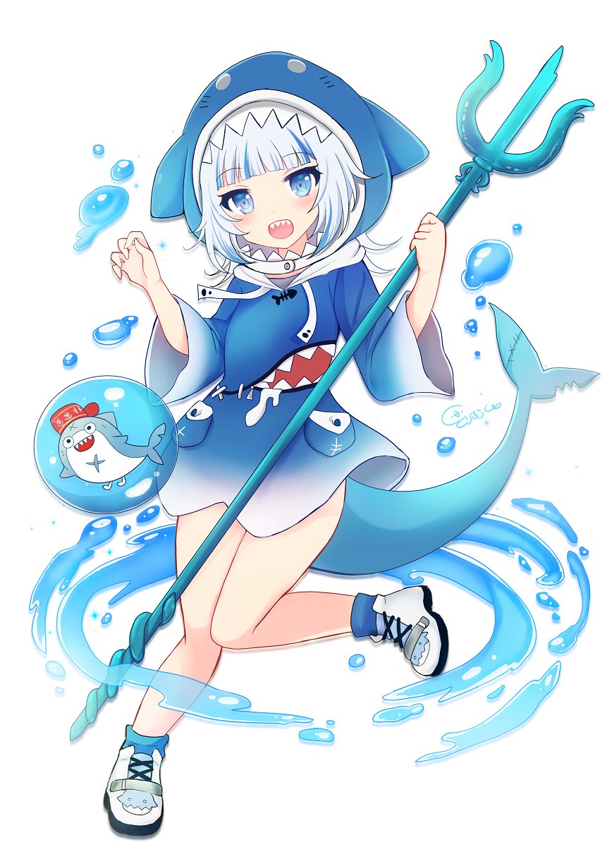 terimuku, bloop (gawr gura), gawr gura, gawr gura (1st costume), hololive, hololive english, commentary request, highres, 1girl, :d, animal hood, blue eyes, blue hair, blue hoodie, blue socks, drawstring, grey hair, hands up, holding, holding polearm, holding weapon, hood, hood up, hoodie, knees together feet apart, long sleeves, multicolored hair, open mouth, polearm, shark hood, sharp teeth, shoes, signature, simple background, smile, socks, solo focus, streaked hair, teeth, trident, virtual youtuber, water, weapon, white background, white shoes, wide sleeves
