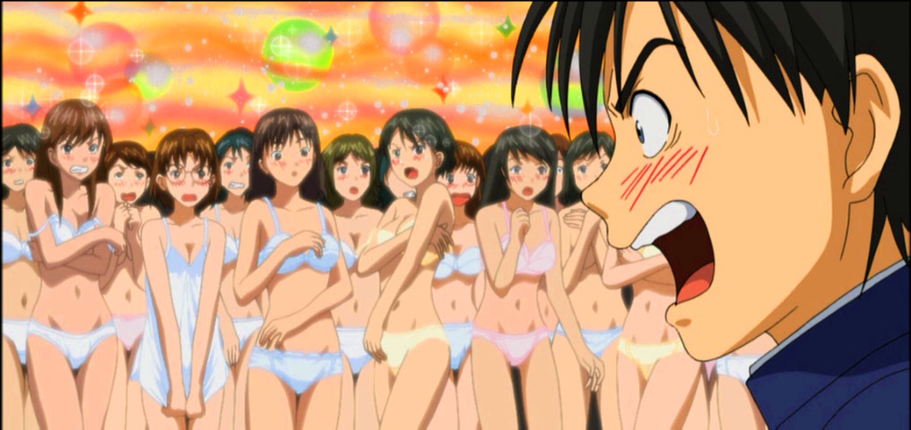 manaka junpei, ichigo 100%, anime screenshot, 00s, 1boy, 6+girls, angry, annoyed, black hair, blue panties, blush, bra, breasts, brown hair, chemise, cleavage, covering privates, glasses, green hair, large breasts, lingerie, long hair, medium breasts, multiple girls, navel, open mouth, panties, pink panties, short hair, sparkle, strap slip, surprised, thigh gap, thighs, underwear, underwear only, walk-in, white panties, yellow panties
