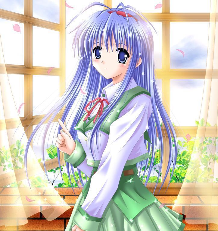 blue hair, curtains, long hair, petals, ribbon, shirt, skirt, solo, sparkle, vest, window