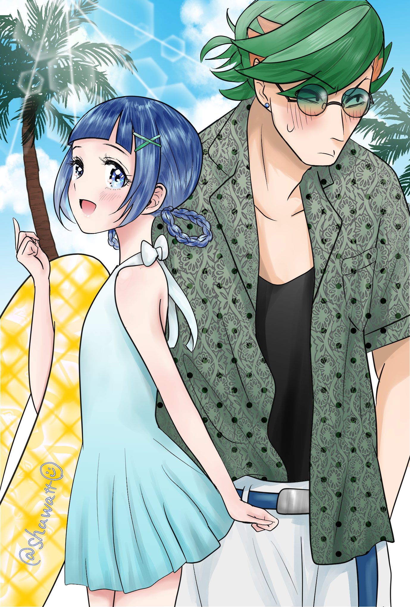 kimi to idol precure, precure, highres, 1boy, 1girl, artist name, belt, blue eyes, blue one-piece swimsuit, blue sky, blunt bangs, blush, braid, cloud, cloudy sky, collarbone, couple, eyelashes, green hair, hair ornament, hairpin, hawaiian shirt, height difference, holding, holding swim ring, innertube, jacket, leaf, mature male, neck, one-piece swimsuit, open clothes, open jacket, open mouth, orange hair, palm tree, pants, parted bangs, round eyewear, shirt, short hair, short sleeves, shuwatt0, sideways, sky, smile, standing, summer, sun, sunglasses, sunlight, sweat, sweatdrop, swim ring, swimsuit, thick eyelashes, tree, twin braids, twitter username, white pants