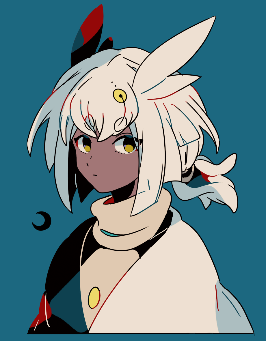 mizuki tsukimori, sky child, sky: children of the light, commentary request, 1girl, blue background, cape, closed mouth, cropped torso, dark-skinned female, dark skin, looking at viewer, ponytail, simple background, solo, thick eyebrows, upper body, white cape, white hair, yellow eyes