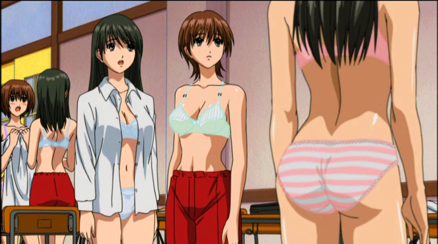 ichigo 100%, anime screenshot, 00s, 5girls, ass, back, black hair, blue panties, blush, bra, breasts, brown hair, classroom, cleavage, dress shirt, indoors, lingerie, long hair, multiple girls, navel, open clothes, open mouth, open shirt, panties, school, shirt, short hair, skirt, striped clothes, striped panties, underwear, underwear only, undressing