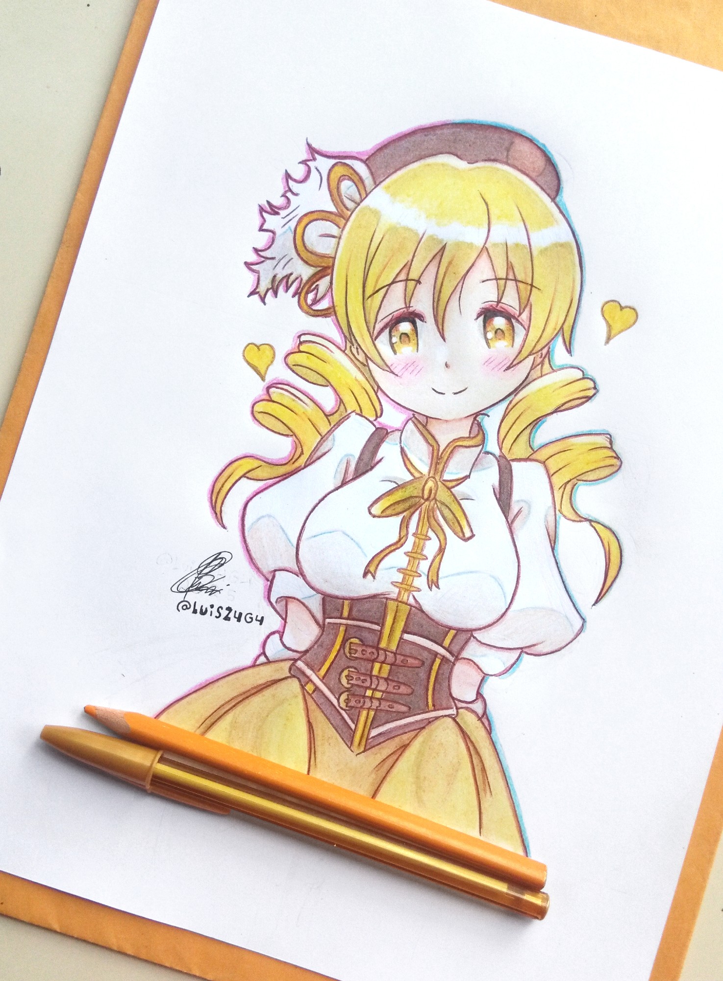 luisz4g4, tomoe mami, tomoe mami (magical girl), mahou shoujo madoka magica, highres, photo (medium), traditional media, 1girl, arms behind back, black corset, black hat, blonde hair, blush, blush stickers, breasts, closed mouth, corset, drill hair, hair between eyes, hat, head tilt, heart, long hair, looking at viewer, medium breasts, signature, simple background, skirt, smile, solo, twin drills, white background, yellow eyes, yellow skirt