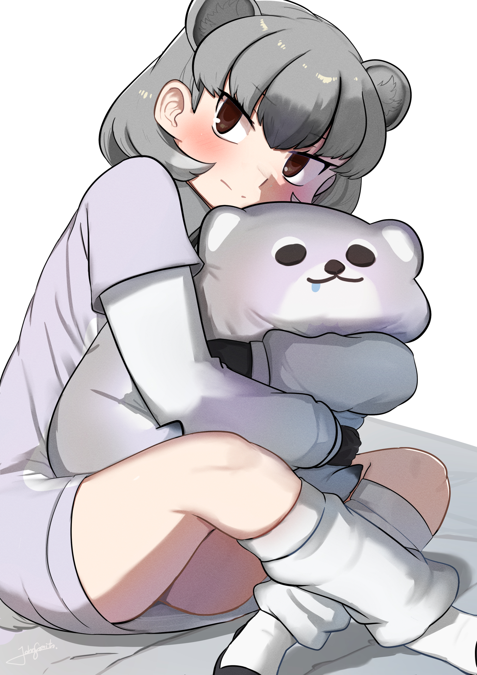 john (a2556349), rock hyrax (kemono friends), kemono friends, kemono friends 3, highres, 1girl, animal ears, black gloves, blush, brown eyes, crossed legs, dress, extra ears, gloves, grey hair, grey sweater, hair between eyes, hugging doll, hugging object, long sleeves, loose socks, multicolored hair, short hair, short sleeves, sitting, socks, solo, stuffed animal, stuffed toy, sweater, sweater dress, white socks