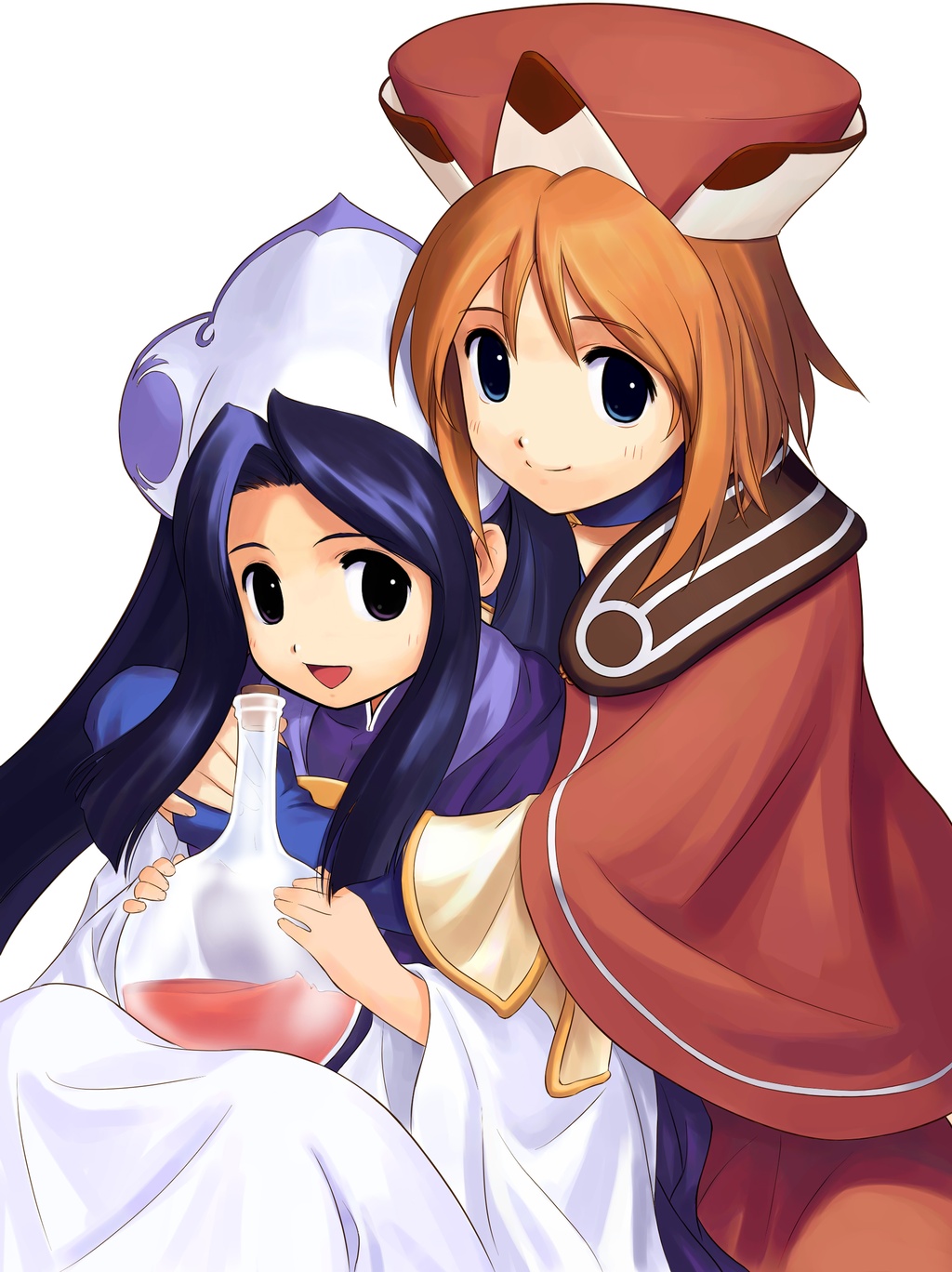 ohse kohime, iris blanchimont, viese blanchimont, atelier (series), atelier iris, atelier iris 2, atelier iris eternal mana 2, gust, highres, 2girls, :d, alchemy, beret, blue eyes, brown hair, capelet, closed mouth, dress, female focus, glass, hat, liquid, long sleeves, looking at viewer, multiple girls, open mouth, short hair, simple background, smile, white background, white dress