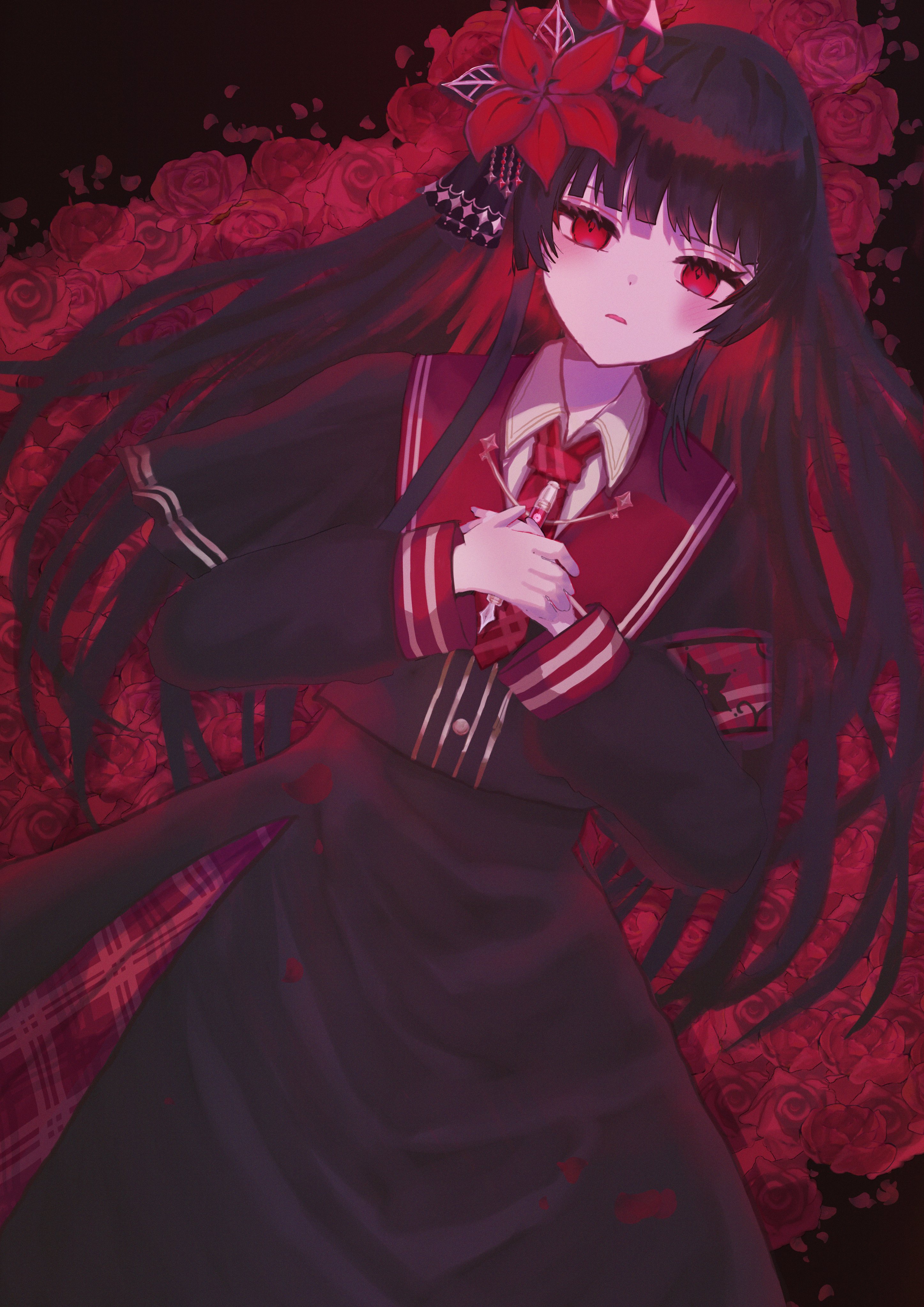 nikaidou hiro, mahou shoujo no majo saiban, absurdres, commentary request, highres, 1girl, black capelet, black hair, black shirt, black skirt, blunt bangs, capelet, collared shirt, cowboy shot, empty eyes, floral background, flower, hair flower, hair ornament, hands on own chest, long hair, long sleeves, looking at viewer, lying, magical girl, mitori (kokuriyo873), necktie, on back, own hands together, red eyes, red flower, red necktie, red rose, rose, shirt, skirt, solo
