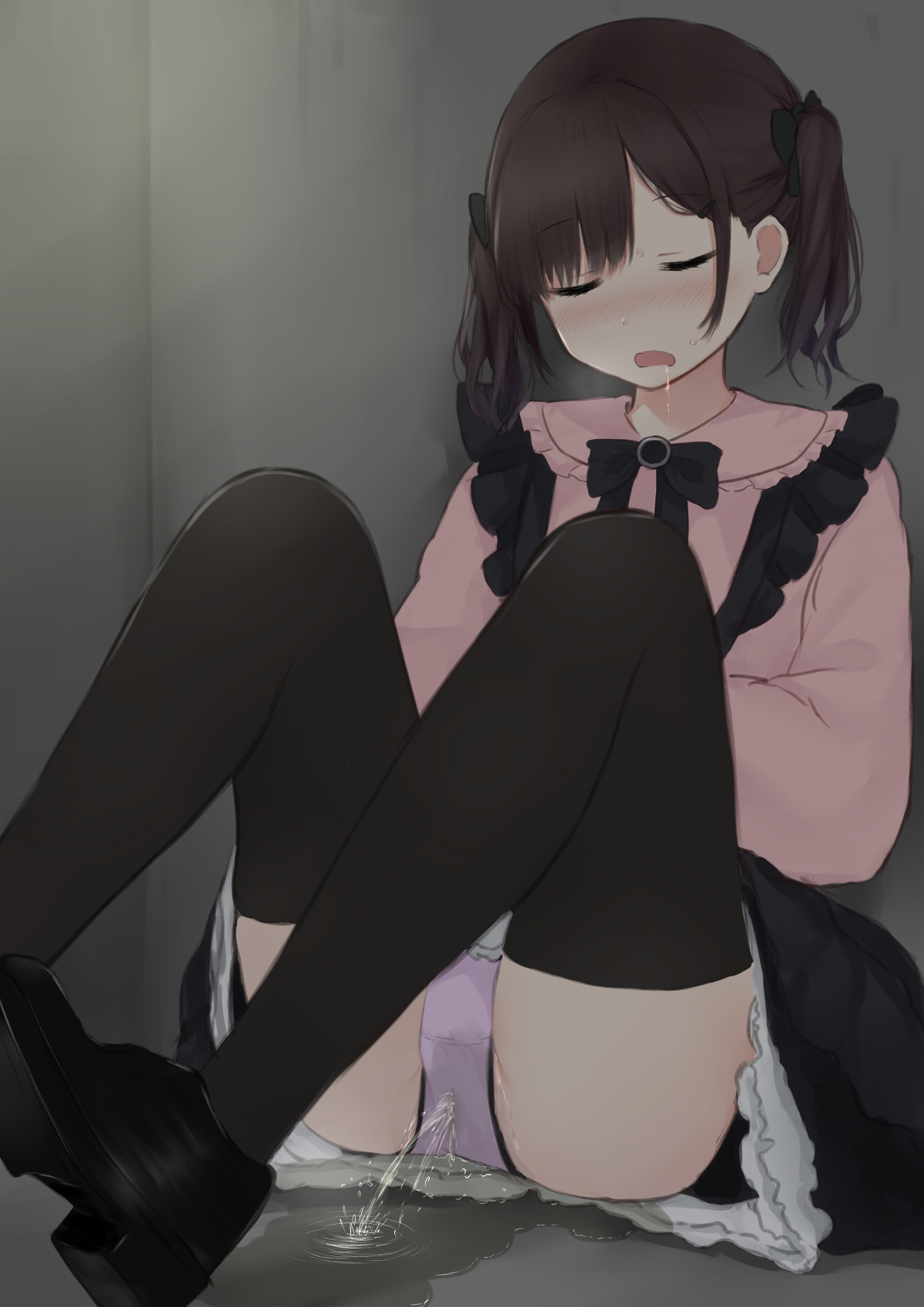 kanekan, original, commentary request, highres, 1girl, black shoes, black skirt, black thighhighs, blush, brown hair, closed mouth, collared shirt, drooling, foot out of frame, frilled shirt collar, frills, jirai kei, knees up, long sleeves, medium hair, nose blush, open mouth, panties, pee, peeing, peeing self, pink shirt, purple panties, shirt, shoes, sitting, skirt, sleeping, sleeping upright, solo, thighhighs, twintails, underwear, wet, wet clothes, wet panties, wet skirt